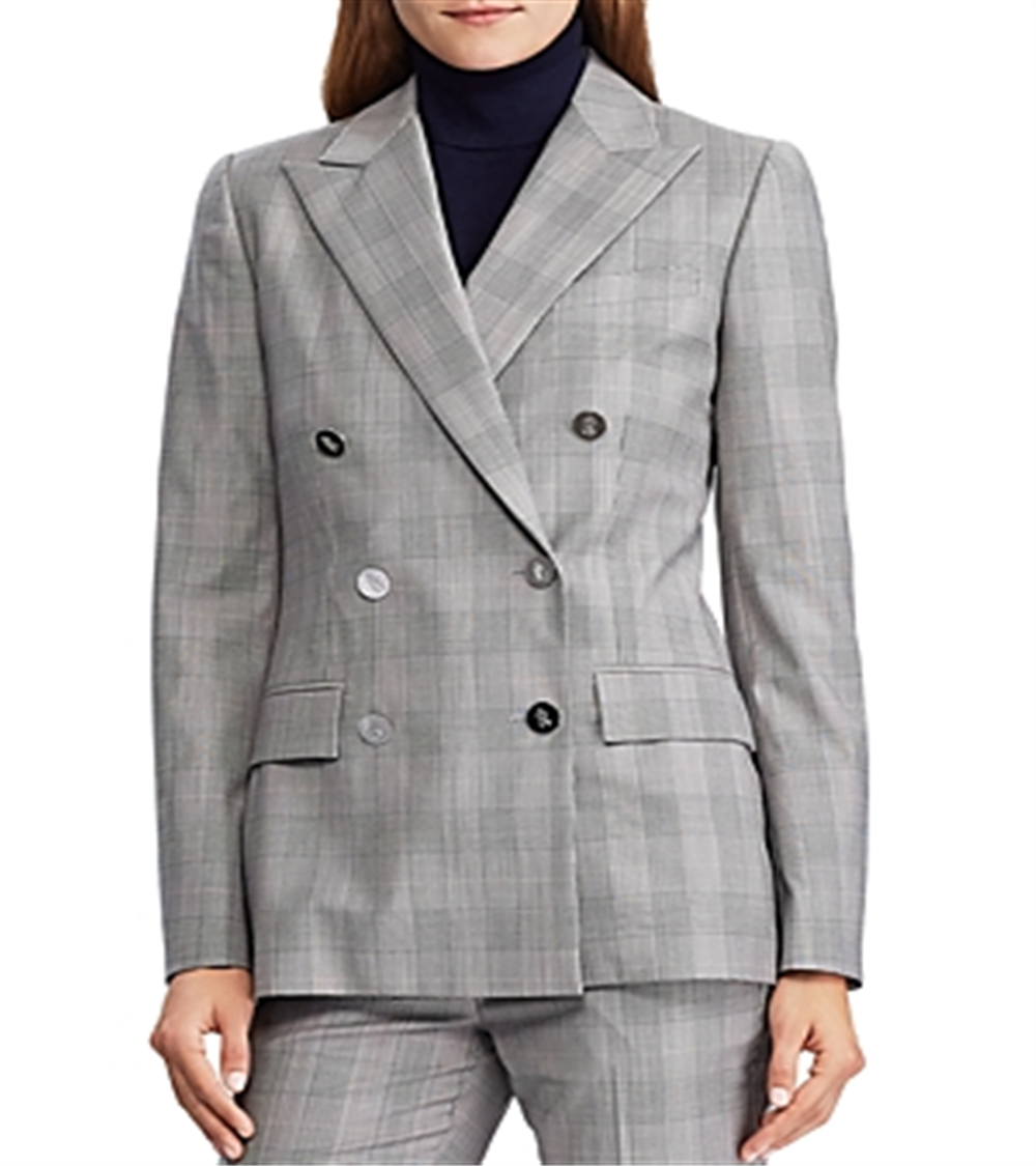 Ralph Lauren Women's Ryen Plaid Business Double Breasted Blazer Gray Size 8