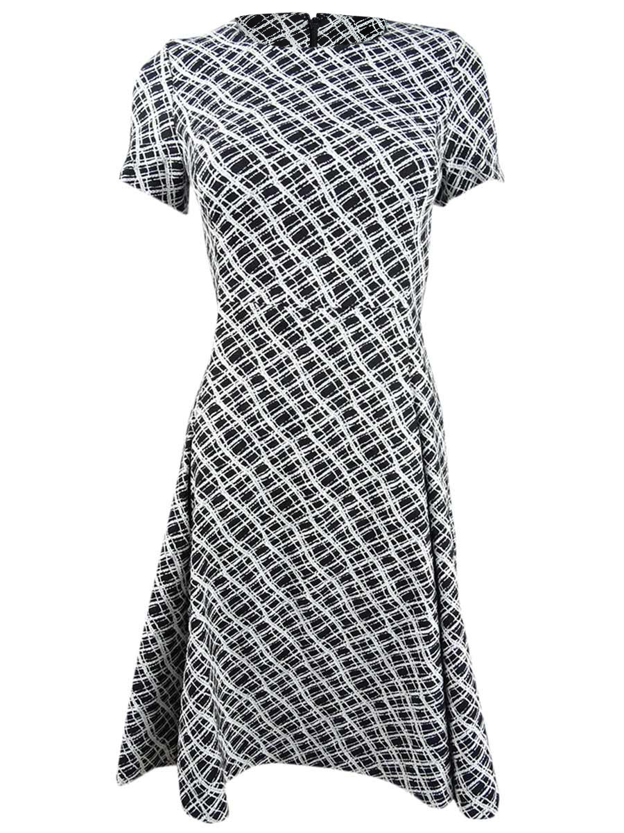 DKNY Women's Wavey Plaid Short Sleeve Fit Flare Dress Black Size 14