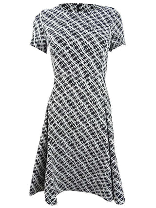 DKNY Women's Wavey Plaid Short Sleeve Fit Flare Dress Black Size 14