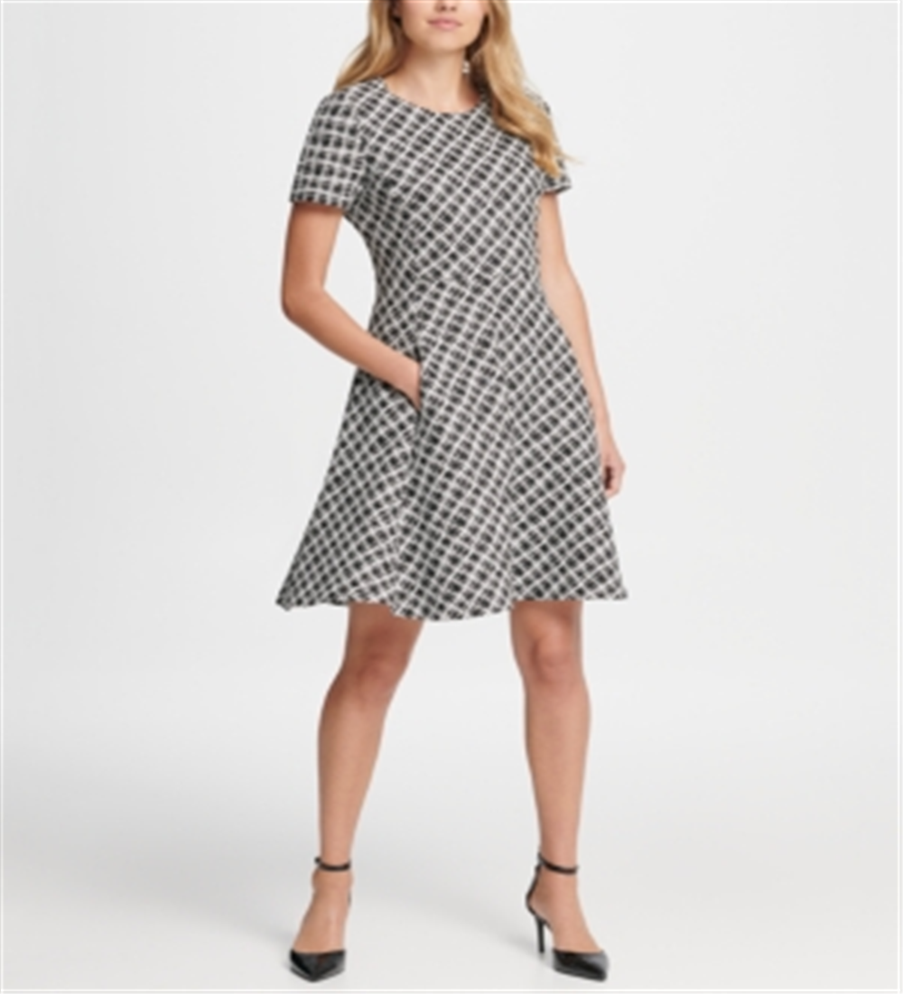 DKNY Women's Wavey Plaid Short Sleeve Fit Flare Dress Black Size 14