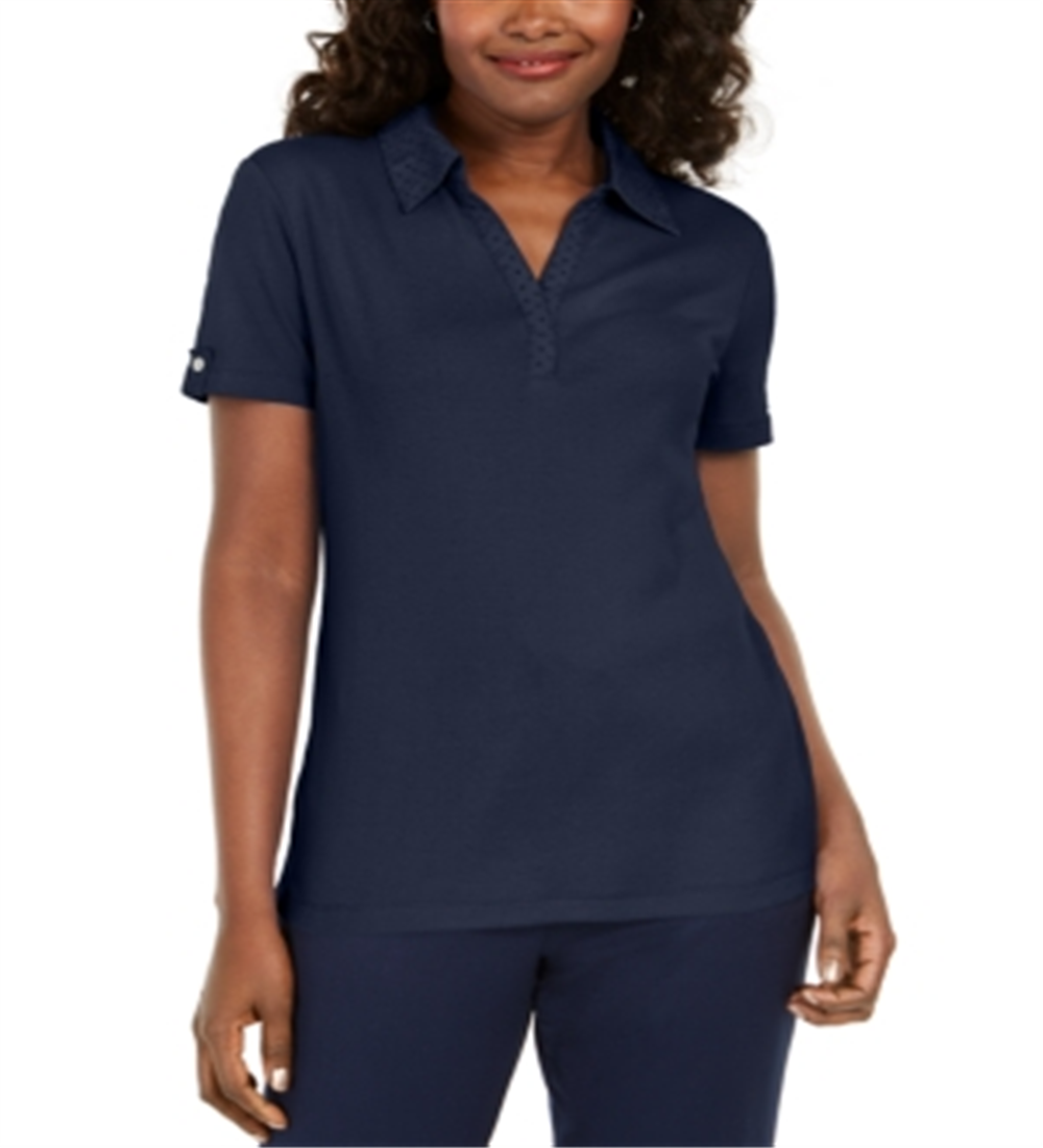 Karen Scott Women's Cotton Eyelet Collar Top Blue Size Large