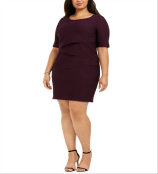 Connected Women's Ribbed Short Sleeve Jewel Neck Above the Knee Sheath Dress Purple Size 18W