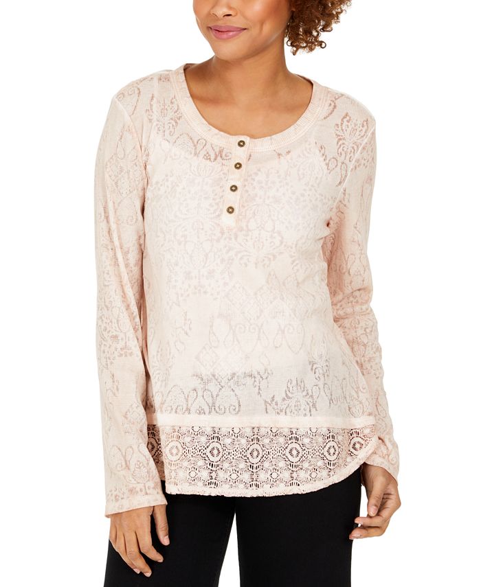 Style & Co Women's Lace Henley Top Pink Size XX-Large