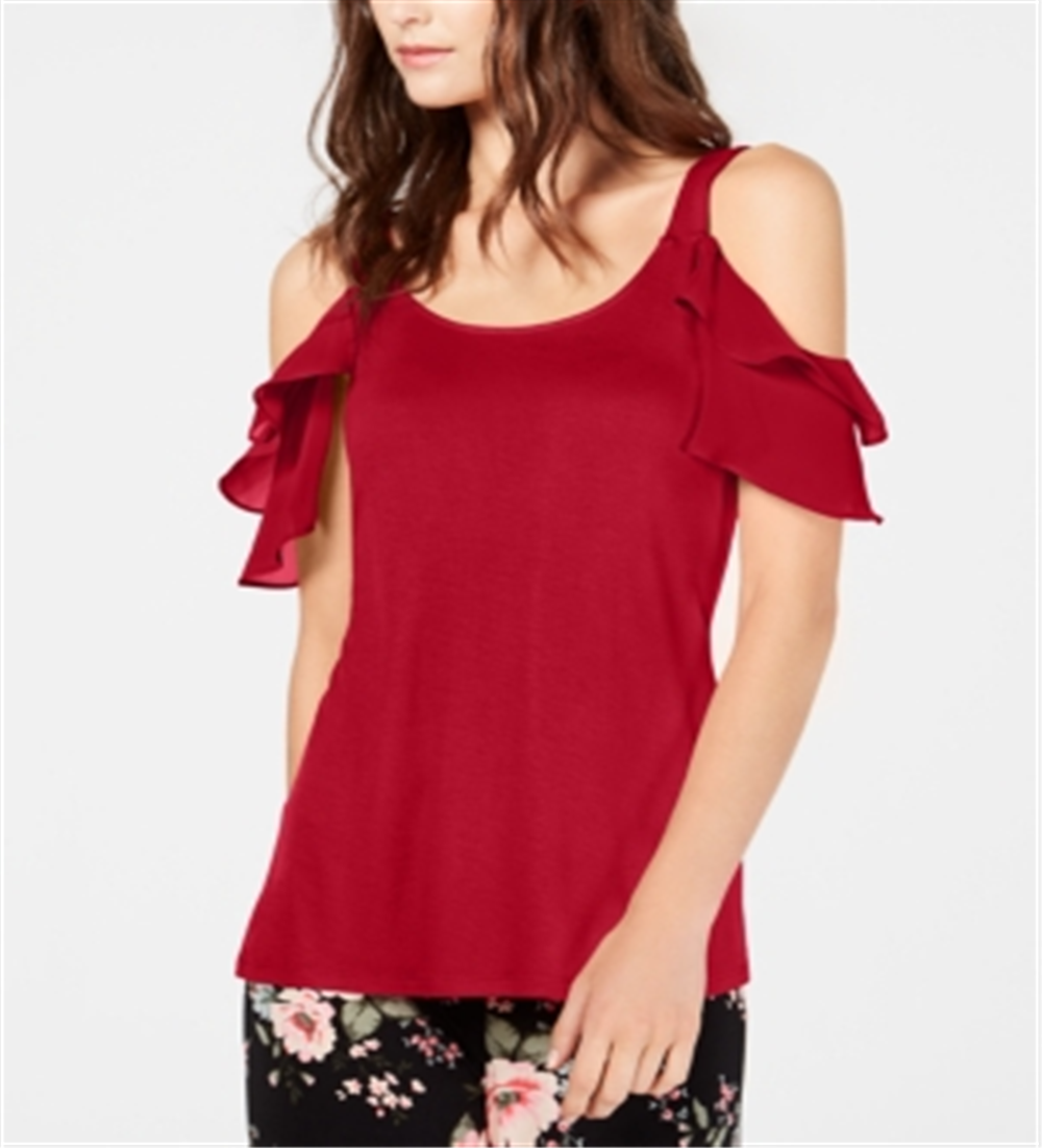 INC International Concepts Women's  Ruffled Cold-Shoulder Top  Red Size XS
