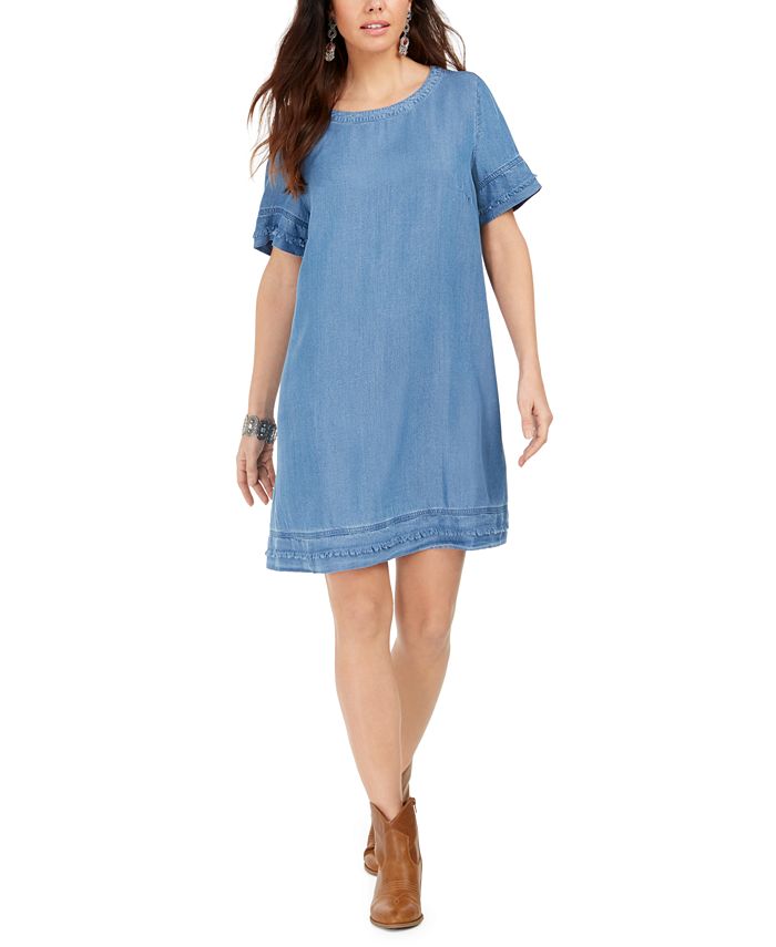 Style & Co Women's Fringed Denim T-Shirt Dress Blue Size X-Small