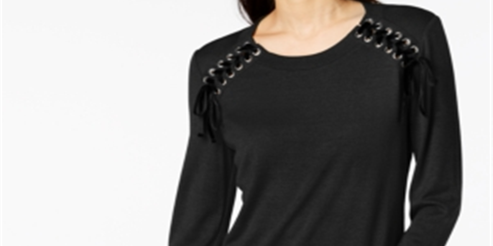 INC Women's Ribbon Laced Sweatshirt Black Size Petite L
