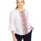 Charter Club Women's Embroidered Bell Sleeve Linen Blend Top White Size Small