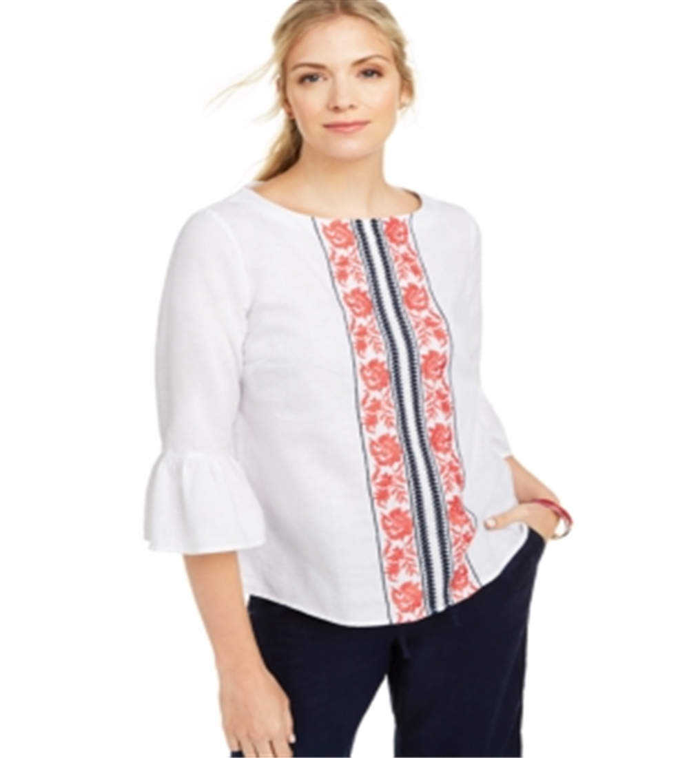 Charter Club Women's Embroidered Bell Sleeve Linen Blend Top White Size Small