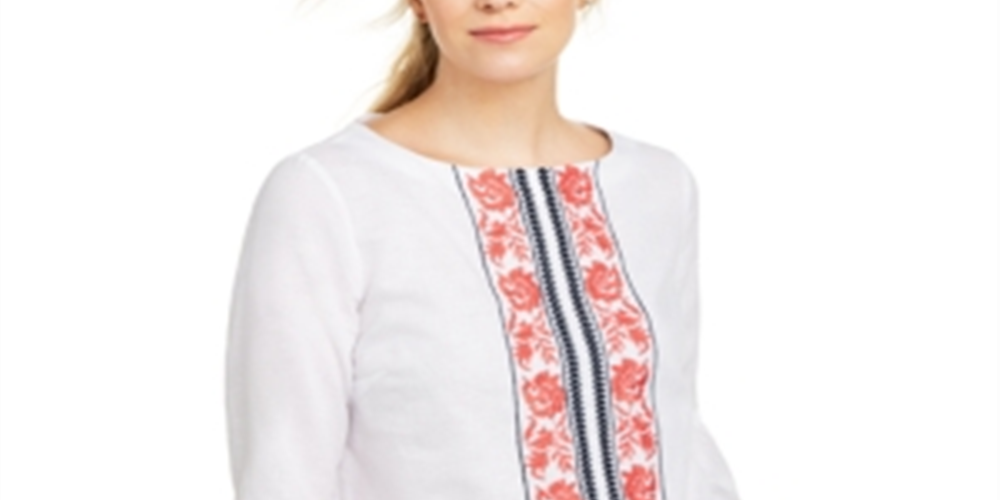 Charter Club Women's Embroidered Bell Sleeve Linen Blend Top White Size Small
