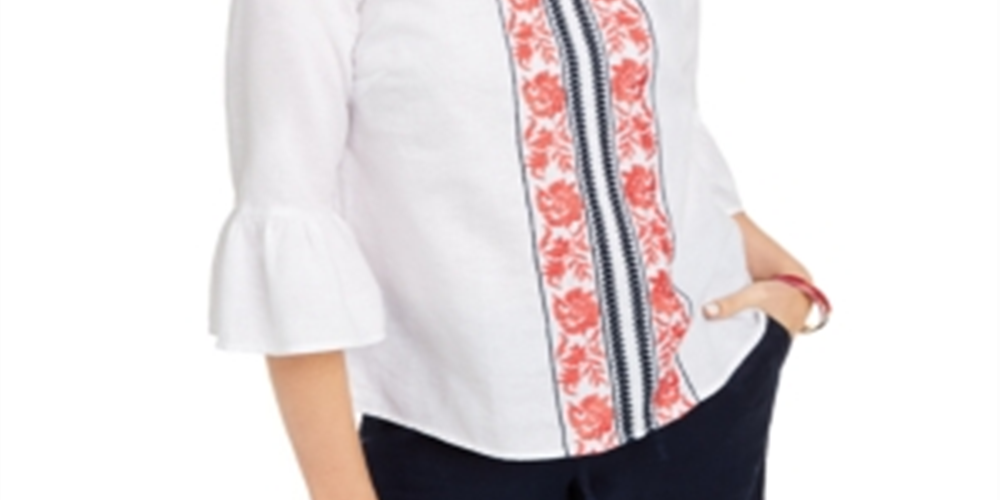 Charter Club Women's Embroidered Bell Sleeve Linen Blend Top White Size Small