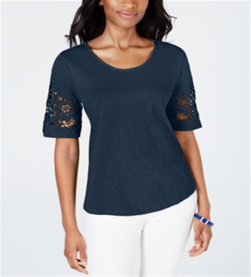 Charter Club Women's Cotton Lace TrimTop Blue Size Small