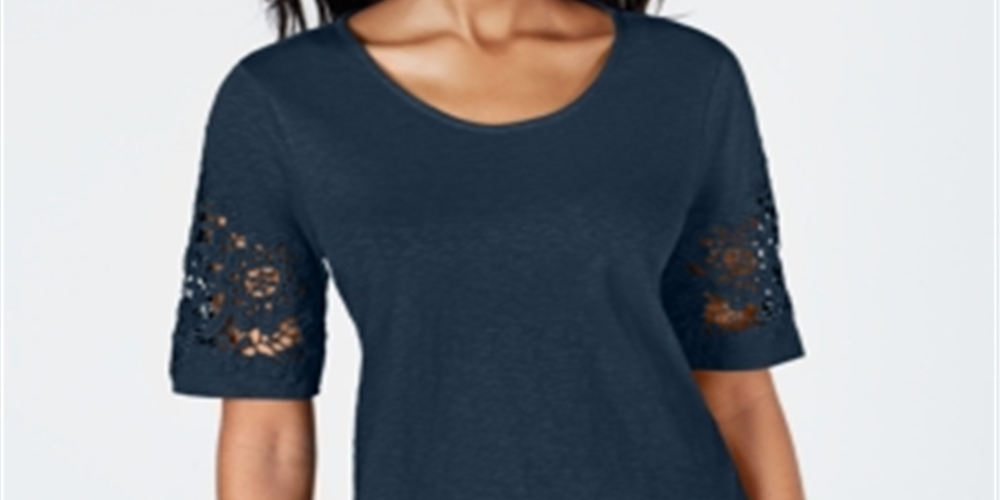 Charter Club Women's Cotton Lace TrimTop Blue Size Small
