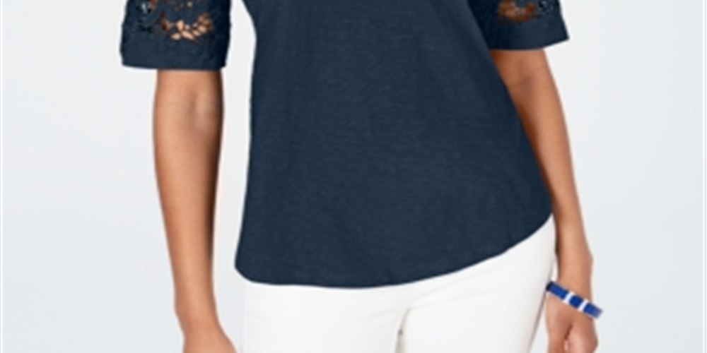 Charter Club Women's Cotton Lace TrimTop Blue Size Small