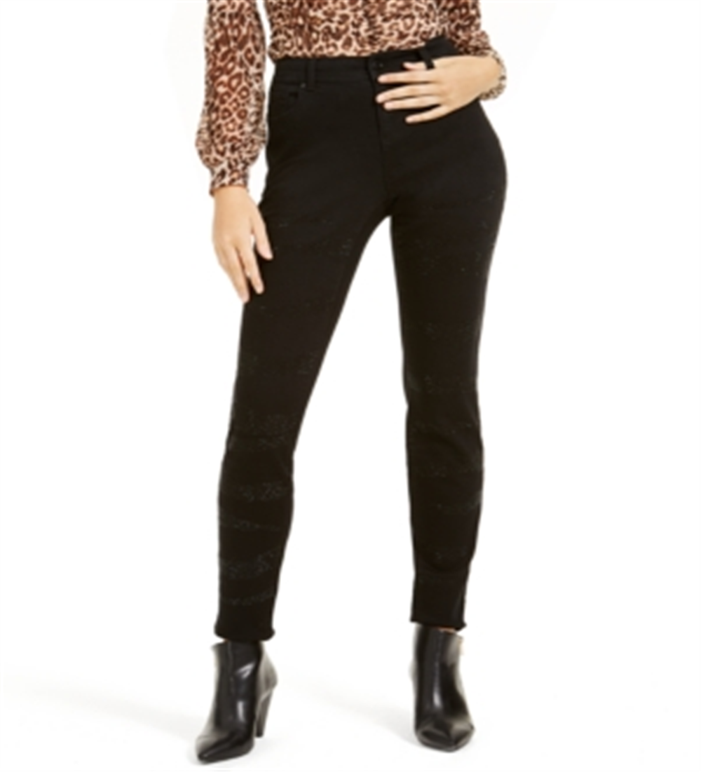 INC International Concepts Women's Zebra Embellished Curvy Skinny Jeans Black Size 4