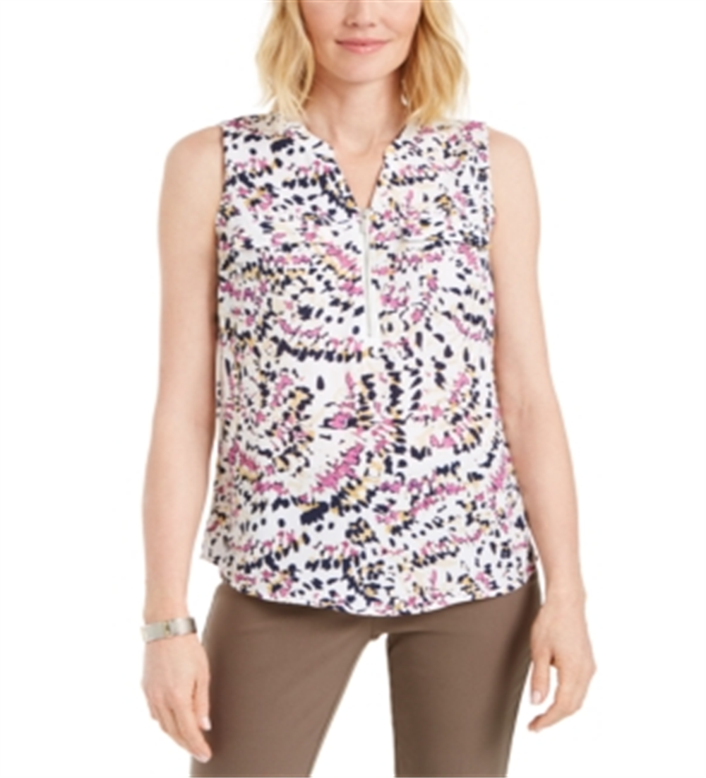 JM Collection Women's Sleeveless Printed Zip Front Top Pink Size XS