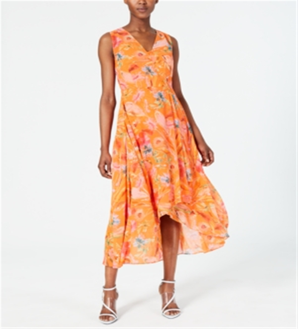 Calvin Klein Women's Floral Print High Low Wrap Maxi Dress Orange Size 8