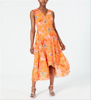 Calvin Klein Women's Floral Print High Low Wrap Maxi Dress Orange Size 8