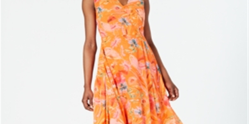 Calvin Klein Women's Floral Print High Low Wrap Maxi Dress Orange Size 8