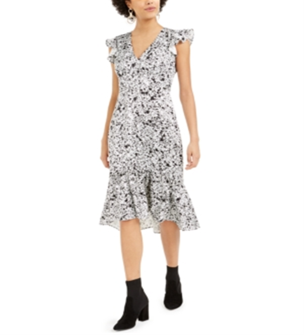 Bar III Women's Satin Splatter Print MIDI Dress White Size 12