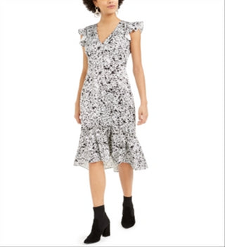 Bar III Women's Satin Splatter Print MIDI Dress White Size 12