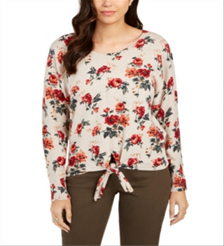 Style & Co Women's Printed Tie Hem Sweater Red Size -Petite S