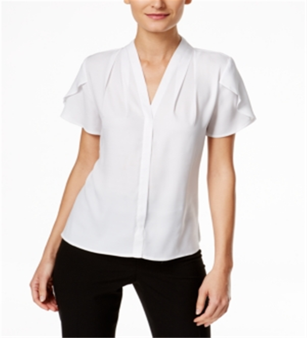 Calvin Klein Women's Ruffle Caplet Sleeve Top White Size Small
