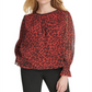 DKNY Women's Zippered Animal Print Long Sleeve Jewel Neck Blouse Top Red Size X-Large