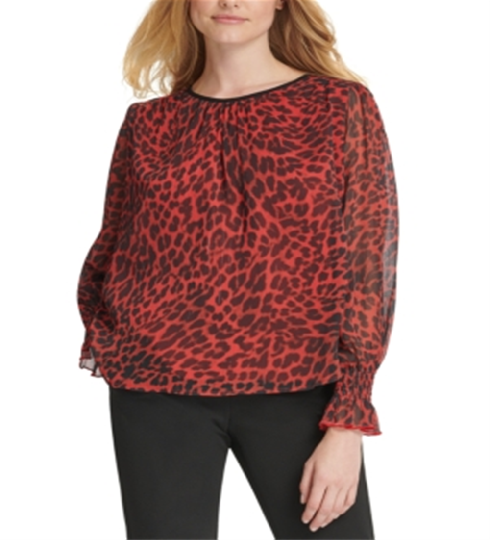 DKNY Women's Zippered Animal Print Long Sleeve Jewel Neck Blouse Top Red Size X-Large