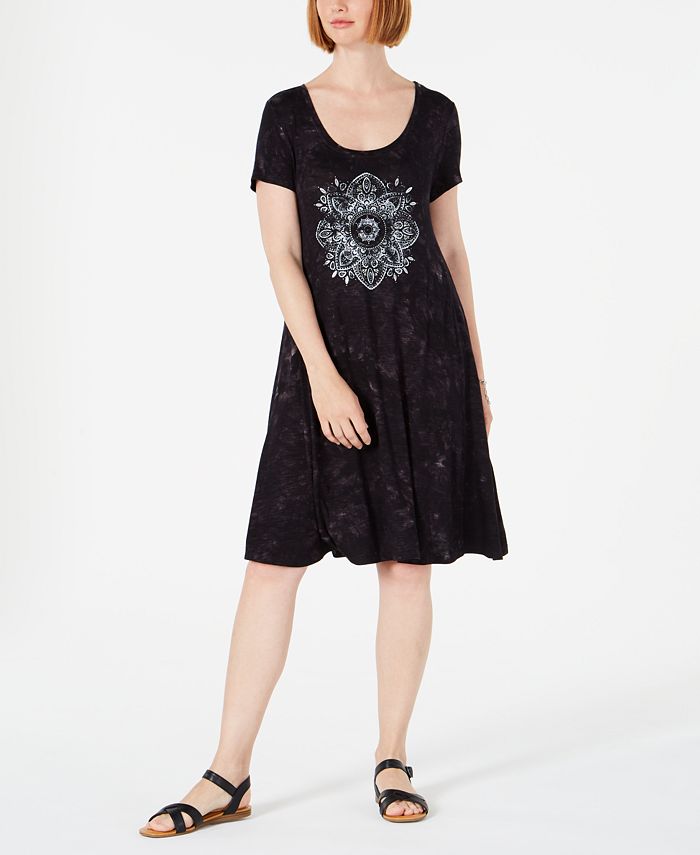 Style & Co Women's Textured Short Sleeve Scoop Neck Knee Length a Line Dress Black Size X-Small