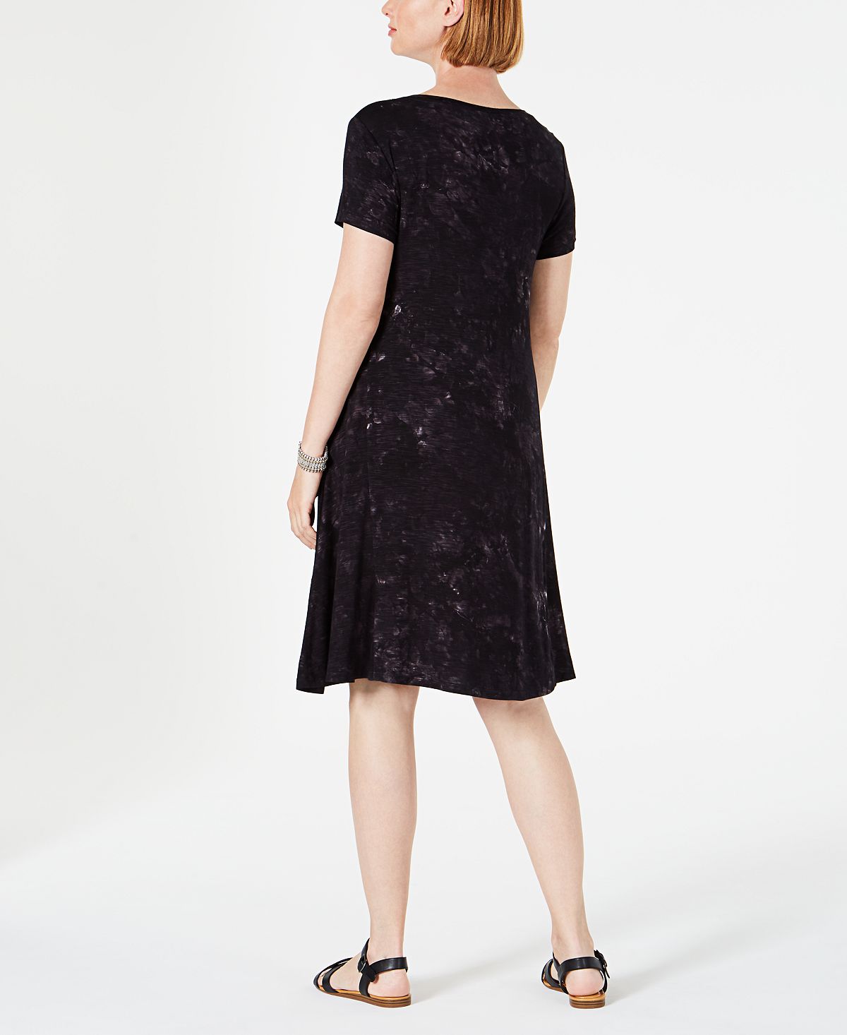 Style & Co Women's Textured Short Sleeve Scoop Neck Knee Length a Line Dress Black Size X-Small