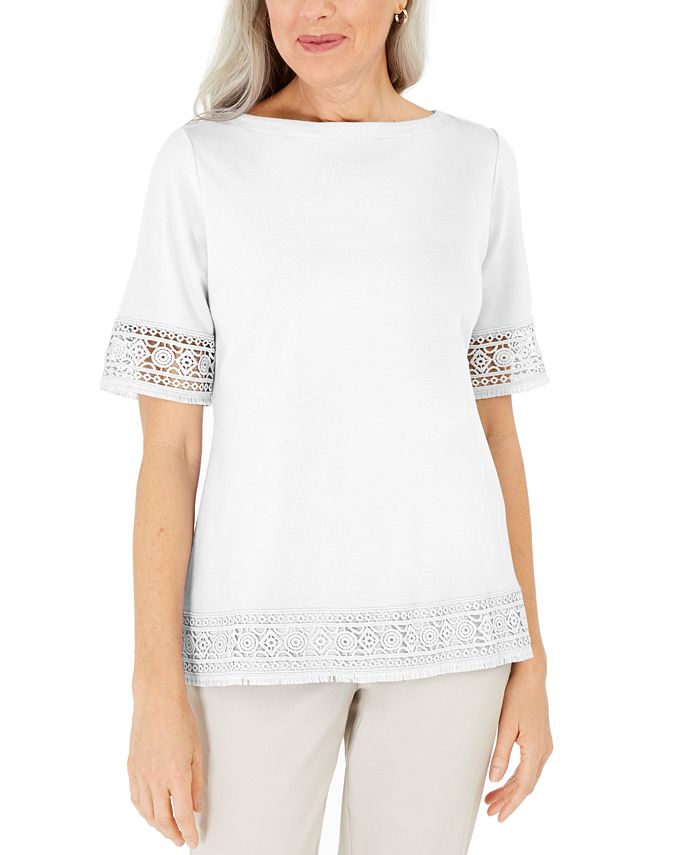 Karen Scott Women's Cotton Crochet Fringed Top White Size M
