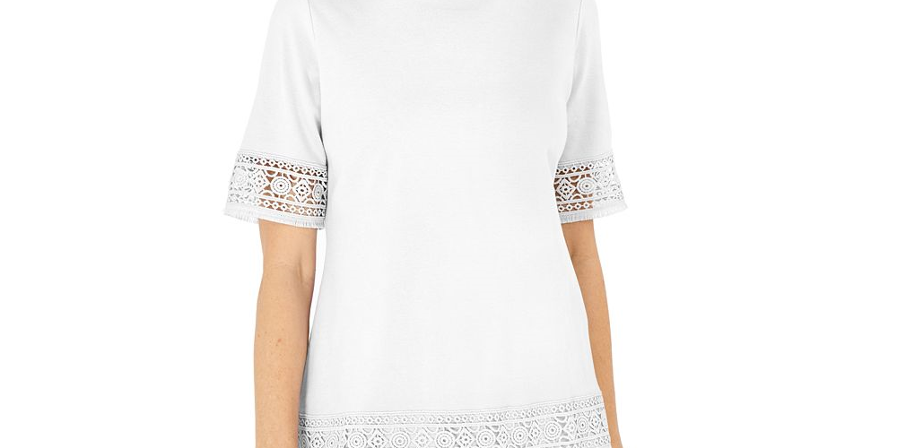 Karen Scott Women's Cotton Crochet Fringed Top White Size M