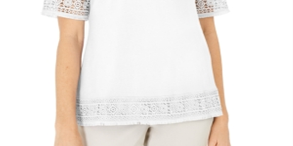 Karen Scott Women's Cotton Crochet Fringed Top White Size M