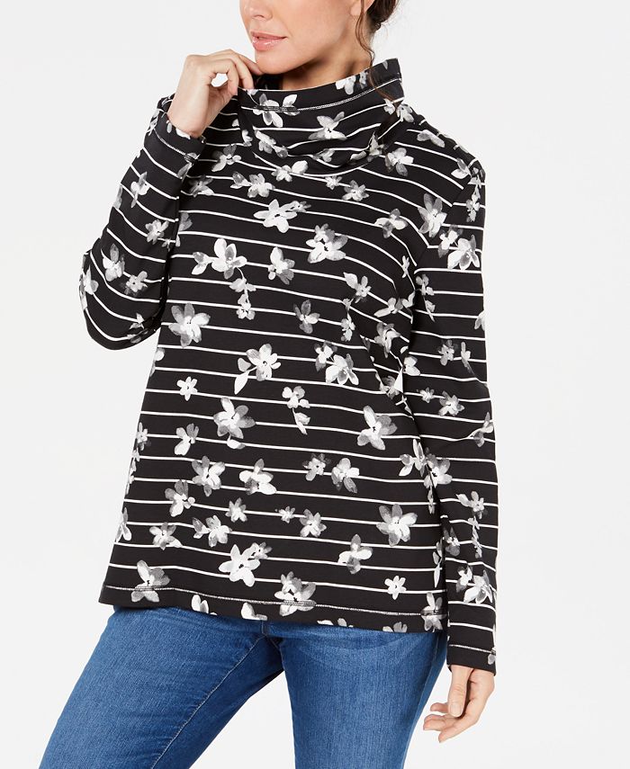 Karen Scott Women's Floral Print Striped Funnel Neck Top Black Size Petite XL
