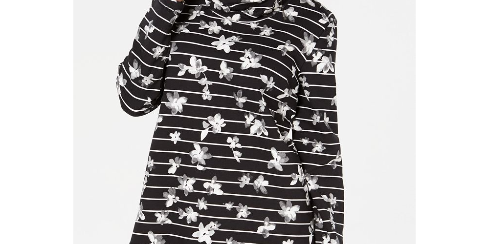 Karen Scott Women's Floral Print Striped Funnel Neck Top Black Size Petite XL