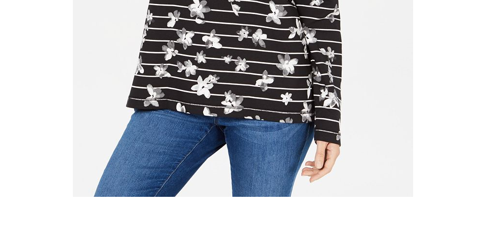 Karen Scott Women's Floral Print Striped Funnel Neck Top Black Size Petite XL