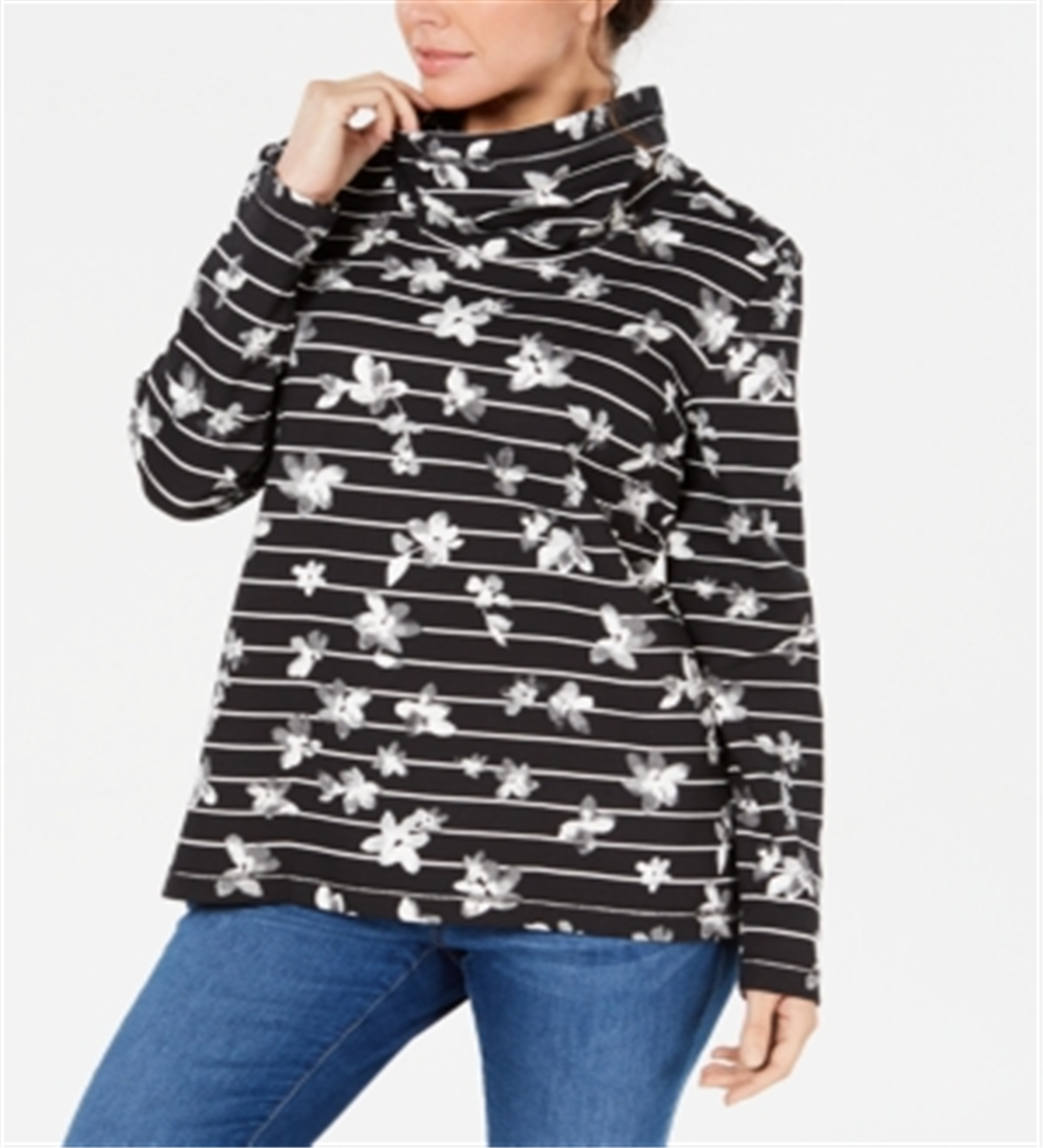 Karen Scott Women's Floral Print Striped Funnel Neck Top Black Size Petite XL