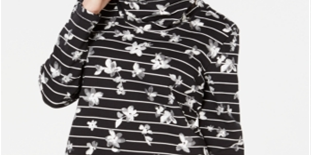 Karen Scott Women's Floral Print Striped Funnel Neck Top Black Size Petite XL