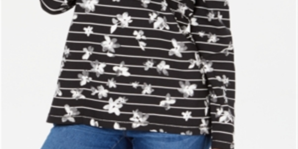 Karen Scott Women's Floral Print Striped Funnel Neck Top Black Size Petite XL