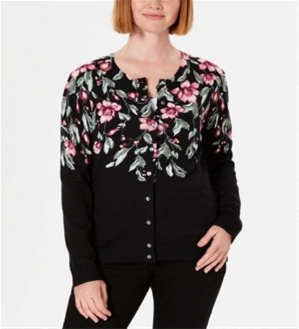 Karen Scott Women's Floral Print Cardigan Black Size Petite S/M