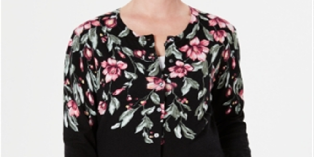 Karen Scott Women's Floral Print Cardigan Black Size Petite S/M