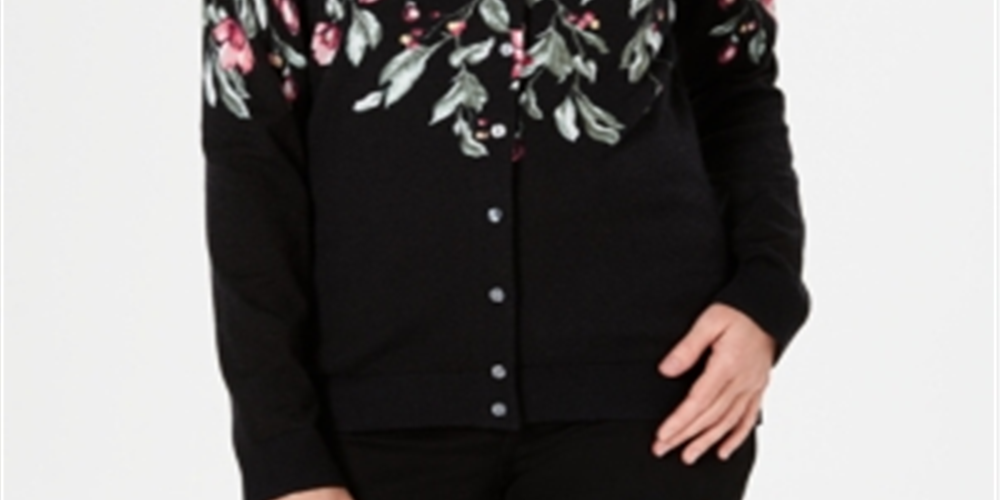 Karen Scott Women's Floral Print Cardigan Black Size Petite S/M