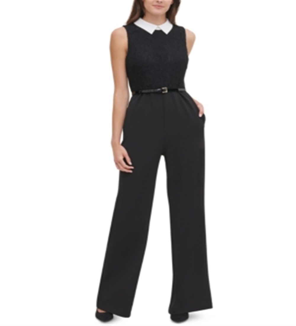 Tommy Hilfiger Women's Belted Lace & Scuba Crepe Jumpsuit Pink Size 8