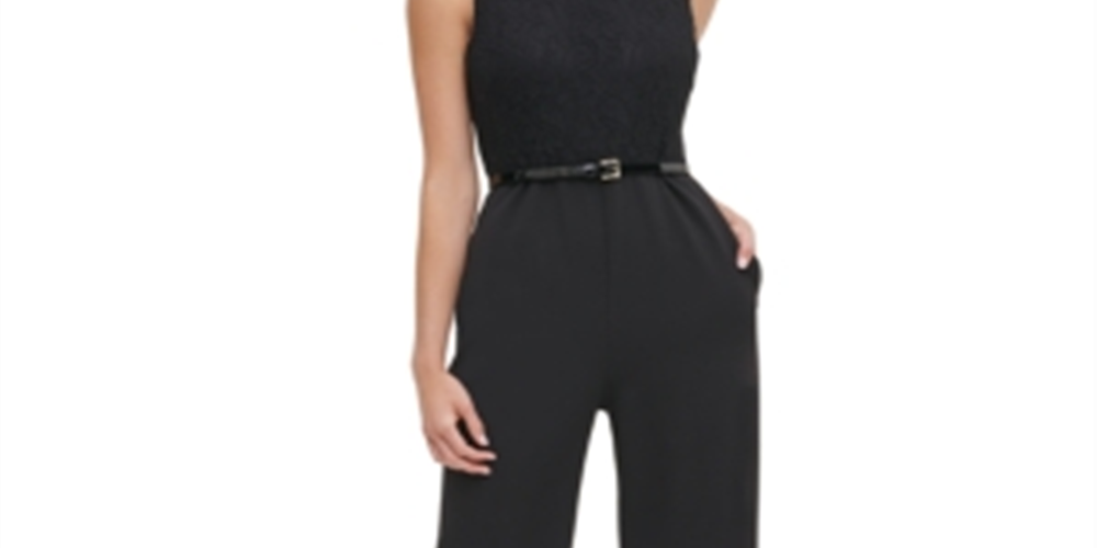 Tommy Hilfiger Women's Belted Lace & Scuba Crepe Jumpsuit Pink Size 8