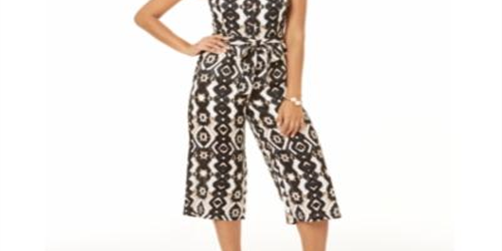 INC International Concepts Women's Ikat Smocked Jumpsuit Black Size Petite S/M