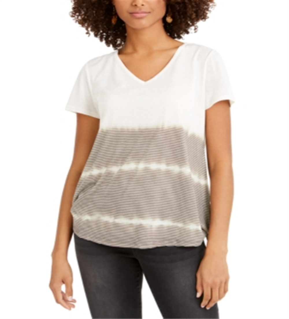 Style & Co Women's Tie Dyed V Neck Linen Blend Top Brown Size XS