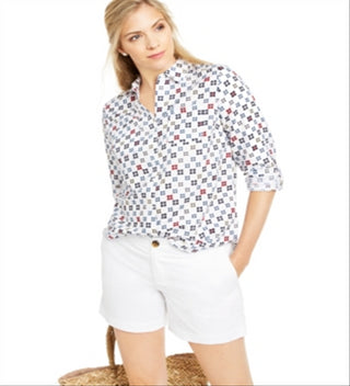 Charter Club Women's Printed Roll Tab Sleeve Linen Blend Top White Size Large