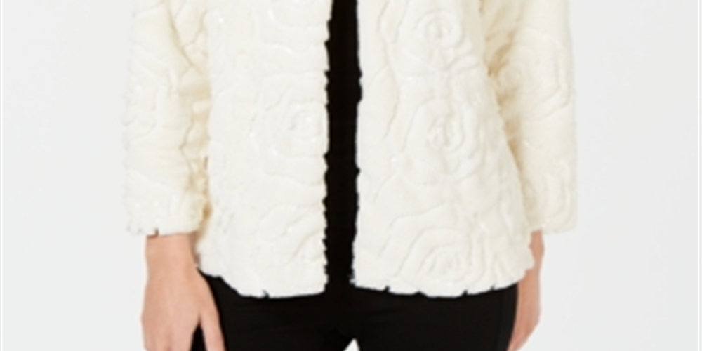 JM Collection Women's Sequined Faux Fur Broach Jacket White Size XXL