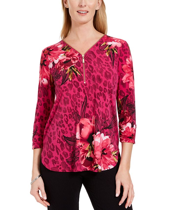 JM Collection Women's Zip Print Top Red Size Medium