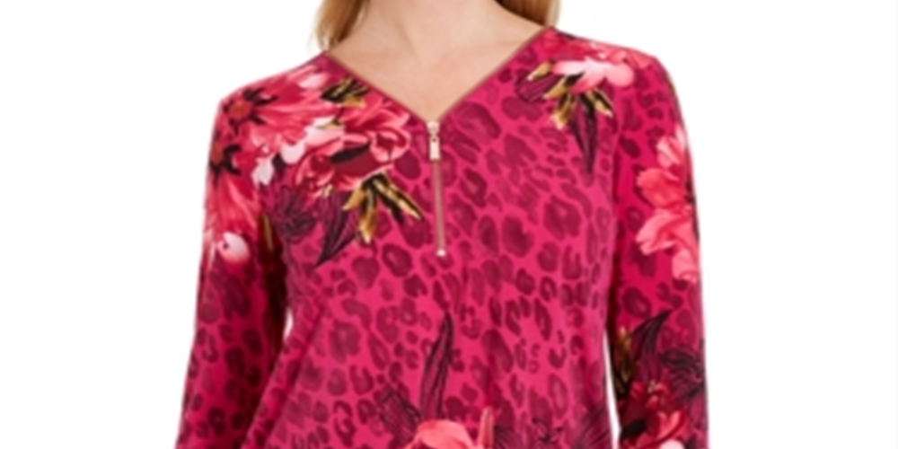 JM Collection Women's Zip Print Top Red Size Medium